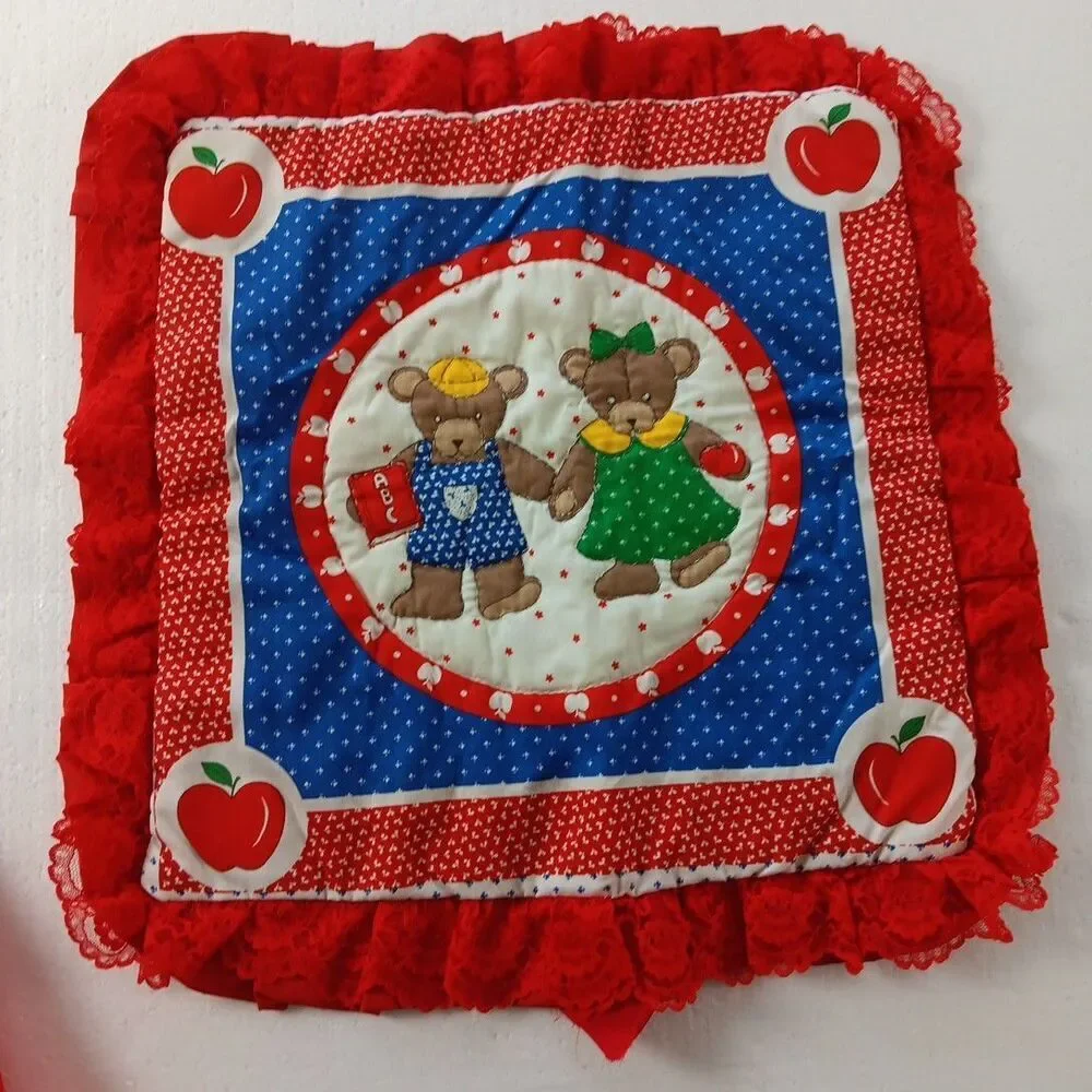 Teddy Bears Quilted Panels Pillow Americana Vintage Fabric Project